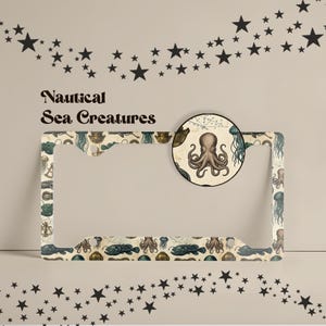 Nautical Sea Creatures License Plate Frame, Vintage Deep Sea Kraken Car Decor