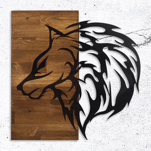 Wolf Head Metal Wood Art - Wildlife Wall Sculpture - Geometric Wolf Head Wall Hanging