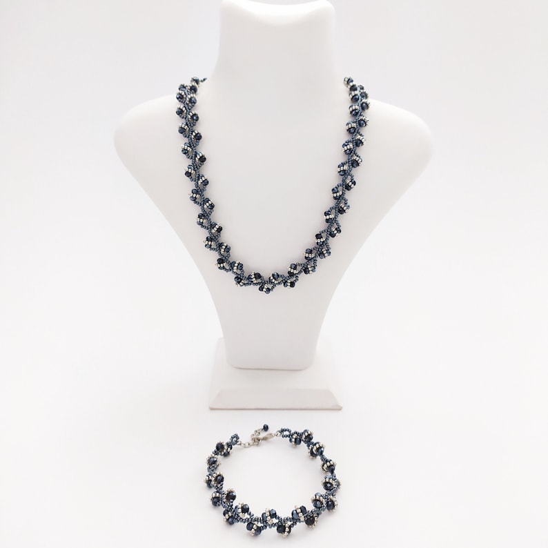 Navy Blue Silver Jewelry Set Necklace Bracelet Anniversary Gift