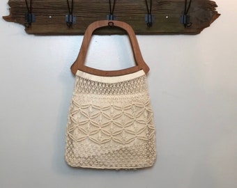 Macrame woven purse with wooden handles