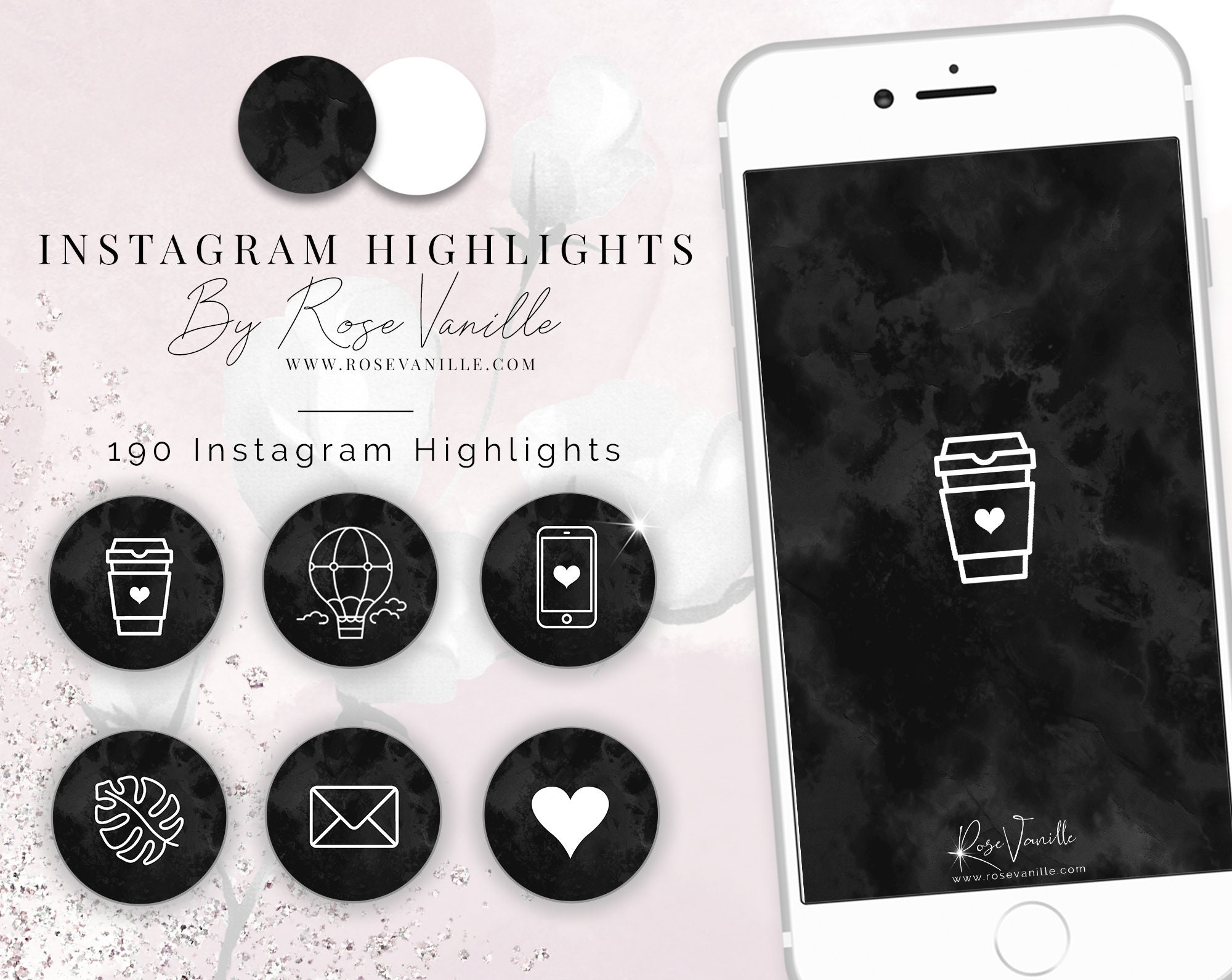 190 Black Marble and White Instagram Highlight stories Icons Etsy