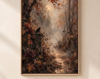 Decoración Dark Academia, lámina imprimible de bosque otoñal a la luz de la luna, gato negro oculto, bosque acogedor, descarga digital