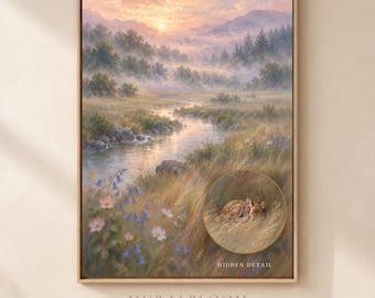 Sleeping Fawn Meadow Printable Wall Art, Hidden Deer Mountain Landscape Digital Download