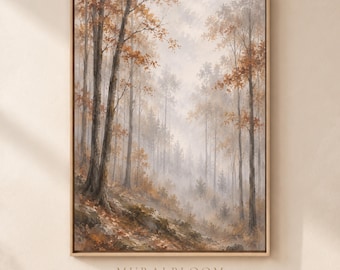 Misty Autumn Forest Printable Wall Art, Neutral Woodland Landscape, Earth Tone Fall Decor, Digital Download