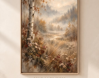 Fall Decor, Hidden Ghost Autumn Forest Printable Wall Art, Misty Birch Woodland, Warm Neutral Fall Decor, Digital Download