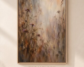 Arte mural texturizado, lámina decorativa de flores silvestres con efecto melancólico, estampado botánico floral pictórico, decoración cottagecore en tonos tierra, descarga digital.