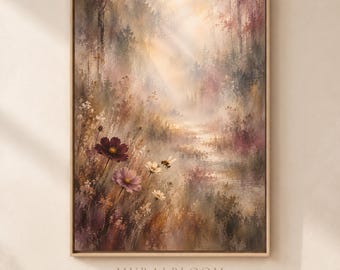 Cottagecore Decor, Sunlit Meadow Printable Wall Art, Hidden Bee Floral Landscape, Cottagecore Nature Decor, Digital Download