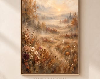 Fall Decor, Autumn Landscape Printable Wall Art, Hidden Ghost and Pumpkins, Warm Fall Sunset, Digital Download