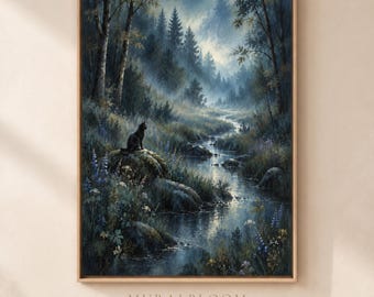 Arte mural de estilo Dark Academia, Arte mural imprimible de un arroyo en un bosque brumoso, Gato escondido junto a un arroyo, Bosque azul, Descarga digital