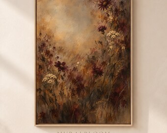 Decorazione murale con texture, stampa artistica murale con fiori selvatici suggestivi, decorazione botanica autunnale, motivo floreale bordeaux, download digitale.