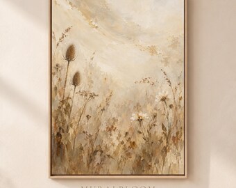 Decorazione murale con texture, stampa artistica murale neutra con prato fiorito, decorazione botanica beige, stile pittorico cottagecore floreale, download digitale