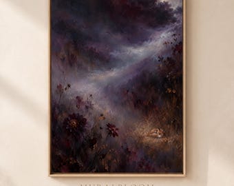 Art mural imprimable Dark Academia, Le Renard endormi, Paysage floral sombre au clair de lune, Renard, Téléchargement numérique