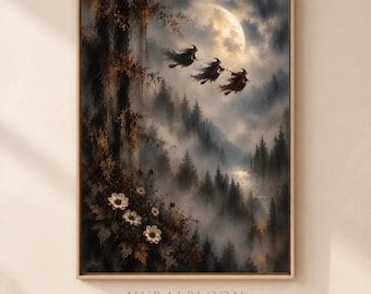 Moonlit Witches Printable Wall Art, Gothic Whimsigoth Forest Decor, Moody Dark Academia Digital Download