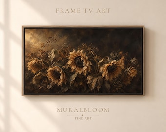 Tournesols fanés encadrant une œuvre d'art télévisée · Fleurs d'automne à l'atmosphère picturale et mélancolique
