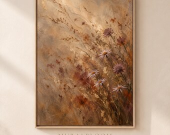 Arte mural texturizado, lámina imprimible de pradera de flores silvestres, decoración botánica cálida y neutra, estampado floral rústico otoñal, descarga digital.