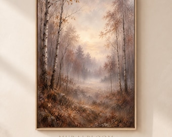 Misty Birch Forest Printable Wall Art, Painterly Autumn Woodland Landscape, Neutral Brown Digital Download