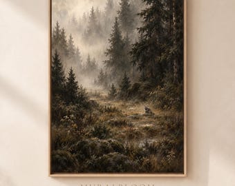 Earthy Winter Landscape Wall Art, Hidden Raccoon Forest Wall Art, Misty Woodland Printable, Moody Nature Decor, Digital Download