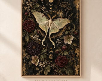 Luna Moth Printable Wall Art, Gothic Botanical Celestial Moon Decor, Dark Floral Digital Download