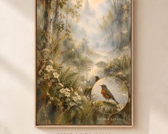 Sunlit Woodland Stream Printable Wall Art, Hidden Robin Nature Art, Botanical Digital Download
