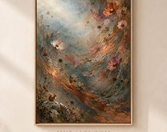 Decorazione murale autunnale con foresta, decorazione murale floreale con scoiattolo nascosto, stampa botanica dai toni della terra, fantasiosa, download digitale