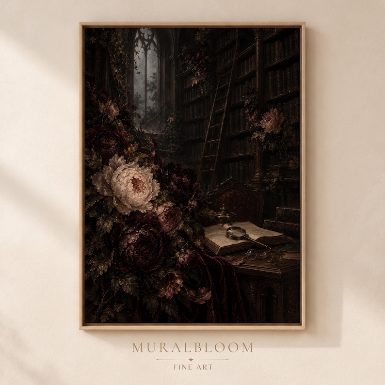 Dark Library with Moody Floral Book Decor printable wall art