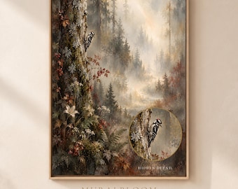 Woodpecker Printable Wall Art, Sunlit Woodland Bird Print, Autumn Forest Digital Download