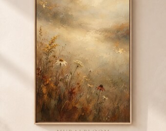Dipinto ad olio, Quadro con fiori selvatici autunnali, Stampa botanica neutra, Floreale beige e marrone con effetto pittorico, Download digitale