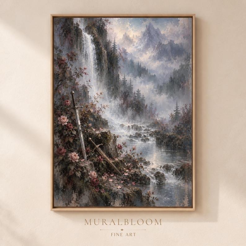 Misty Waterfall Landscape printable wall art