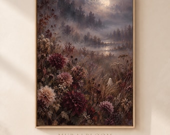 Hidden Ghost in a Moonlit Garden Printable Wall Art, Dark Floral Forest Landscape, Gothic Digital Download
