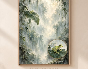 Hidden Frog Rainforest Wall Art, Tropical Botanical Printable with Orchids, Sage Green Digital Download