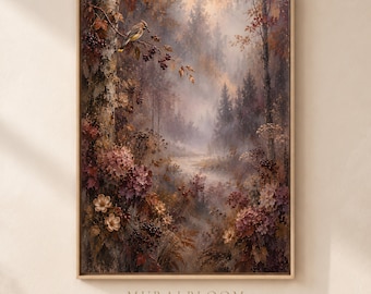 Cedar Waxwing Wall Art, Painterly Autumn Forest Printable, Moody Botanical Bird Decor, Digital Download