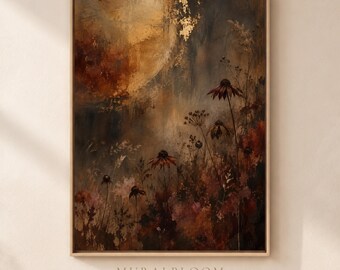 Textured Wall Art, Autumn Coneflower Wall Art, Moody Botanical Printable, Earthy Brown Floral Decor, Dark Academia, Digital Download