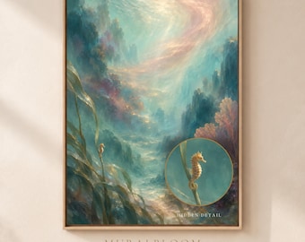 Hidden Seahorse Wall Art, Dreamy Underwater Ocean Printable, Pastel Coastal Decor, Digital Download