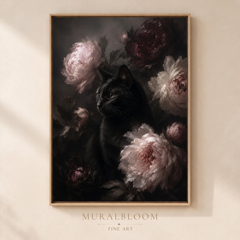 Black Cat Floral Portrait printable wall art