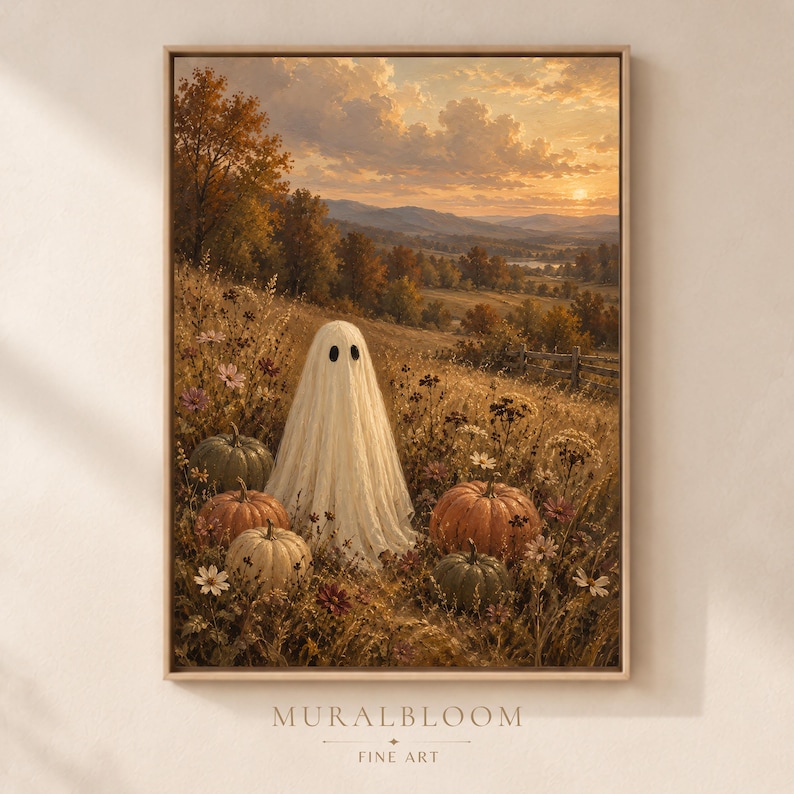 Cozy Halloween Ghost Pumpkin Landscape printable wall art