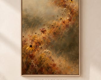 Dark Academia, Stampa artistica da parete con prato fiorito autunnale, Paesaggio botanico pittorico e suggestivo, Decorazione autunnale rustica e calda, Download digitale
