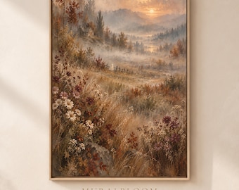 Witchy Decor, Hidden Ghost Autumn Landscape Printable Wall Art, Misty Mountain Cottage, Warm Floral Valley, Digital Download
