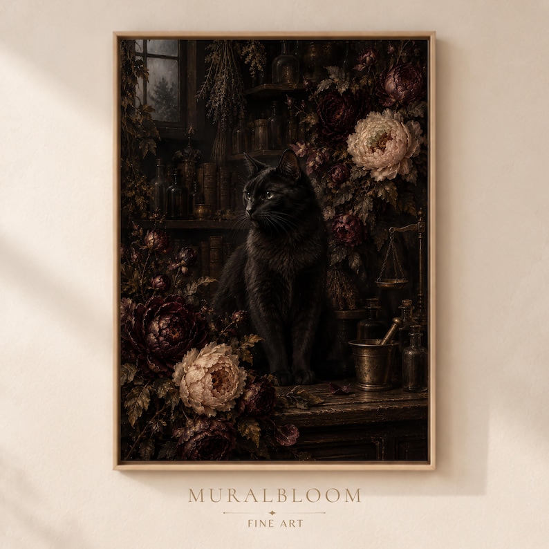Black Cat Dark Floral printable wall art