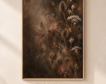 Decoración Dark Academia, lámina decorativa botánica oscura para imprimir con ratón oculto, flores silvestres marrones sombrías, descarga digital.
