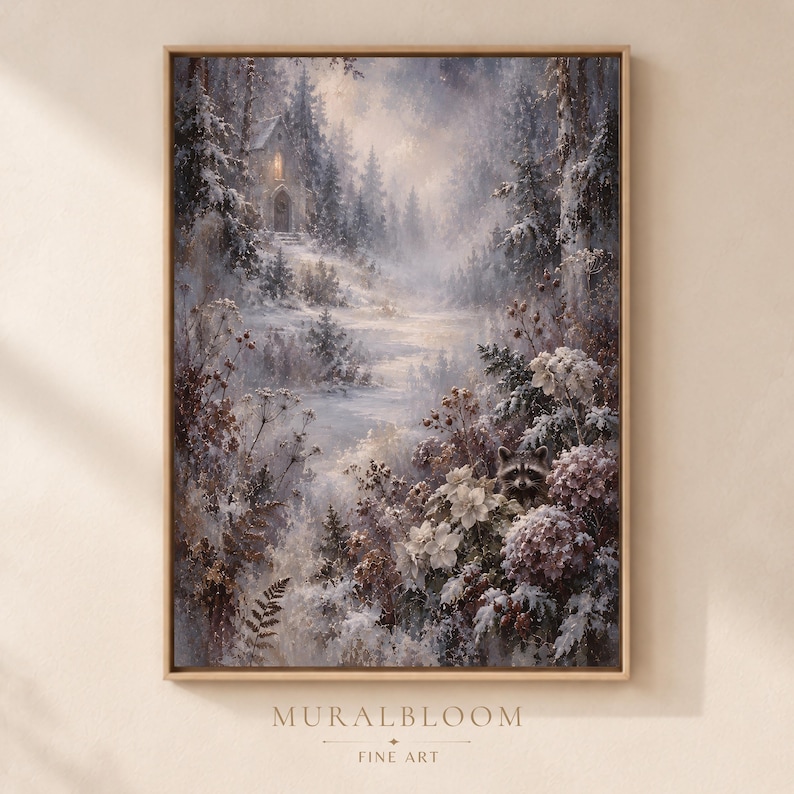 Winter Chapel & Hidden Raccoon printable wall art