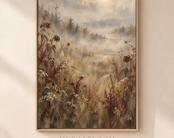 Hidden Ghost Autumn Meadow Printable Wall Art, Sunflower Landscape Digital Download, Warm Neutral Fall Decor