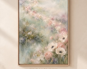 Décoration murale pour chambre d'enfant sur le thème de la forêt, Illustration florale avec un lapin caché, Illustration botanique pastel à imprimer, Jardin romantique, Téléchargement numérique