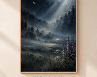 Misty Forest Printable Wall Art, Hidden Bird in Moonlit Meadow, Moody Blue Nature Digital Download