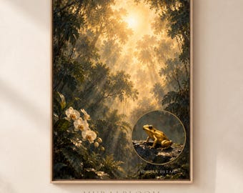 Hidden Frog Wall Art, Golden Rainforest and Orchid Printable, Tropical Botanical Digital Download