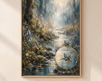 Sunlit Forest Stream Printable Wall Art, Hidden Kingfisher, Wildflower Nature Digital Download
