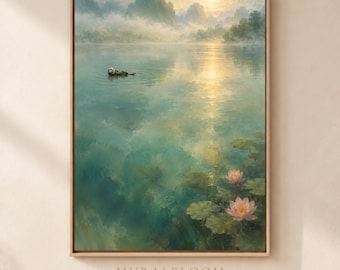 Floating Otter Lake Printable Wall Art, Misty Mountain Sunrise and Lotus Pond Digital Download