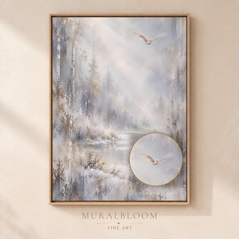 Hidden Flying Barn Owl Winter Forest printable wall art