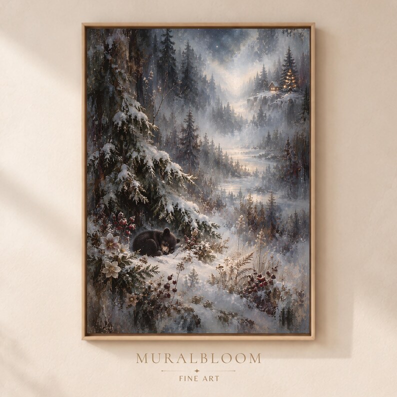 Hidden Bear Winter Forest printable wall art