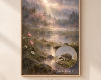 Hedgehog After Rain Printable Wall Art, Hidden Hedgehog Woodland Creek, Wildflower Forest Digital Download