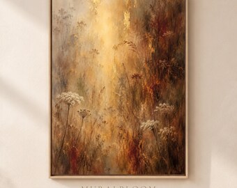 Dipinto ad olio, prato fiorito autunnale, stampa artistica da parete, paesaggio pittorico dai toni caldi della terra, arredamento rustico cottagecore, download digitale